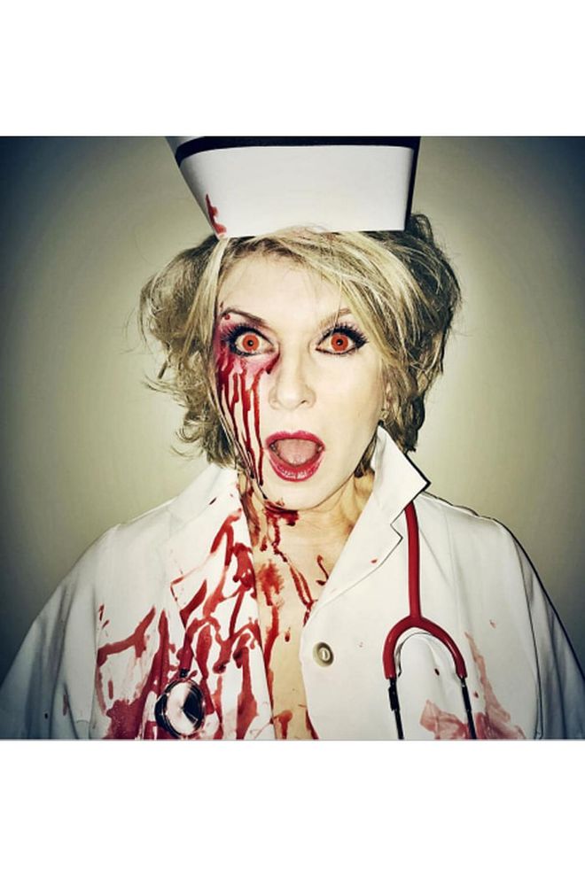 Stewart dressed as a zombie nurse.