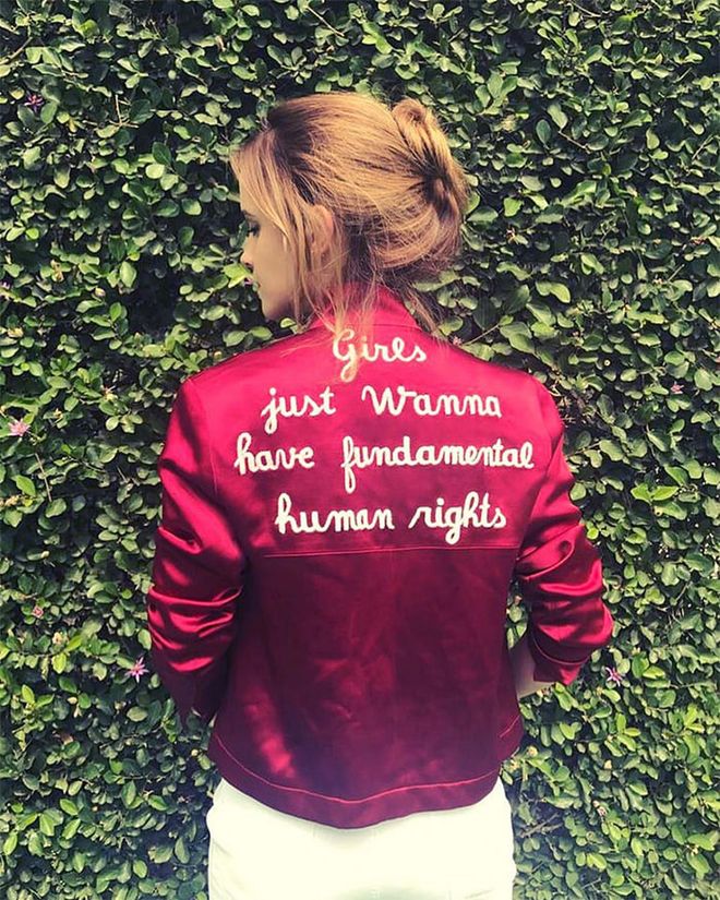 The actress flaunted her statement jacket, which reads, "Girls just wanna have fundamental human rights."