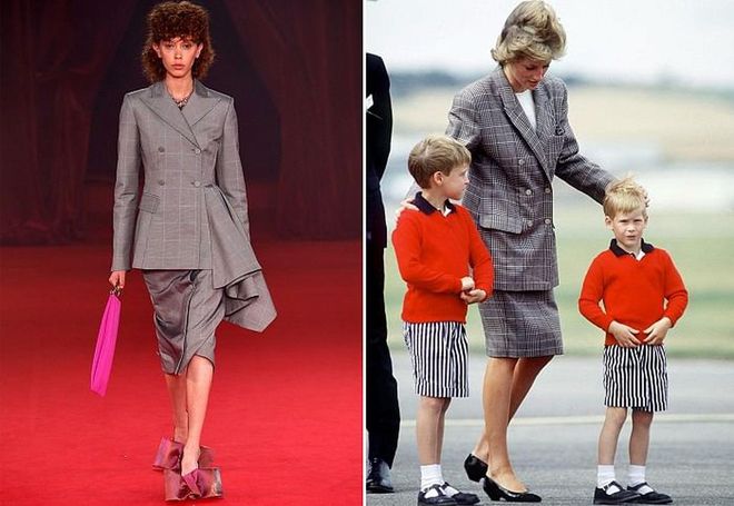 Princess Diana often wore suiting to royal duties and daytime family affairs, but Off-White gave her '80s suits an update with a more fitted silhouette, a cascading asymmetrical pleat, a wider windowpane plaid and gutsier extras. Photo: Getty 