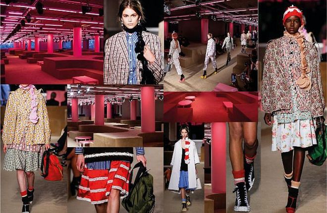 For cruise, the philosophical Miuccia Prada rejected the culture of excess by embracing simplicity. And she did so in every aspect, starting with the location. Instead of a lavish, faraway set, she had her show in the brand’s NYC headquarters, transforming the Piano Factory into a glossy pink space. Stars such as Uma Thurman, Elle Fanning and Diane Kruger filled the front row, and as models strode out in high-top sneakers worn with thick, ribbed socks, the collection’s inherent air of comfort materialised: These were easy-to-wear, fuss-free clothes that were full of personality. Prada worked extensively with cotton, finely tailoring the humble fabric into menswear-inspired button-downs, shirtdresses and utility suits rendered in pastels or tight florals. There was preppy layering with varsity-style sweater vests and classic blazers in multicoloured plaid, and for the girlie girls, shingrazing A-line dresses with a melange of prints. The show’s quirky styling conjured Prada’s hallmark “ugly-pretty” aesthetic, with eyelet-accented, striped satin Bermudas and scarves made of oversize sequins strung together adding a dose of whimsy. With a collection of wearable, classic pieces that veered away from shock value and could combine easily to form the coolest of capsule wardrobes, the design maestro overwhelmingly proved her point that good fashion can be simple yet exciting. 