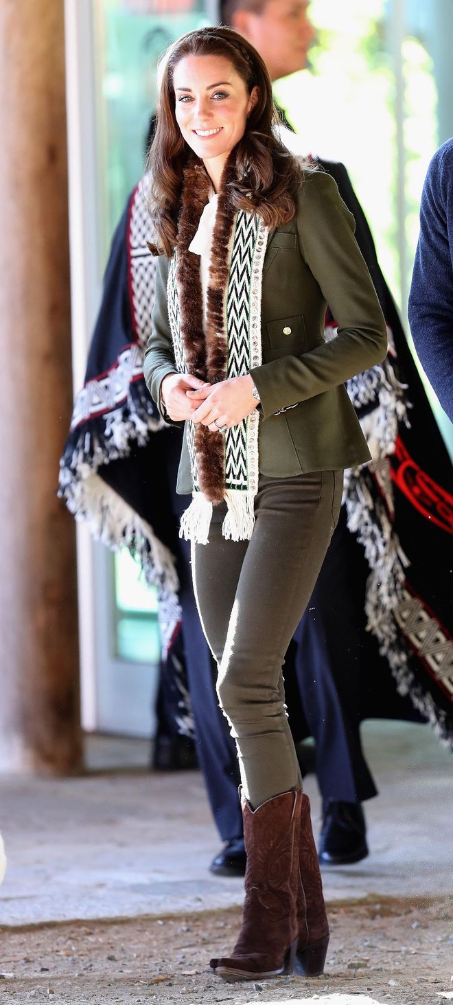 The Duchess then changed her into a feminine blouse with a fitted jacket for a visit to the Haida Heritage Centre.