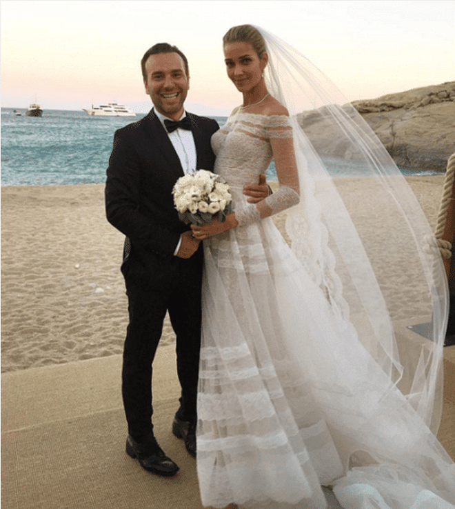 July 2016 Former Victoria's Secret model Ana Beatriz Barros married businessman Karim El Chiaty in Mykonos. The bride wore a lace gown by Valentino to walk down the aisle and an Alessandra Rich dress for the pre-wedding party, as well as Chopard jewelry.
