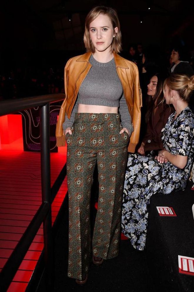 Rachel Brosnahan paired her patterned trousers with a cropped jumper.

Photo: Pietro S. D'Aprano / Getty
