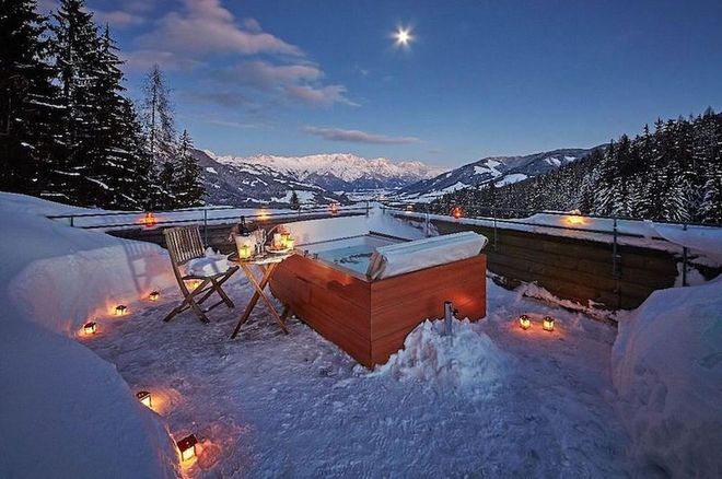 The hot tub at the rooftop Sky Spa at Forsthofalm, might not strictly be a bath, but it's got a spectacular view to make up for that.The ‘lifestyle hotel’ in the Austrian Alps has ski-in and ski-out facilities and interior spaces to encourage bringing the outside, in.