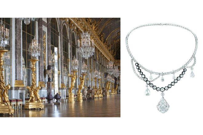 A suite of jewels reflects the hall of mirrors and its chandeliers with flexible diamond garlands and crystal clear drops.