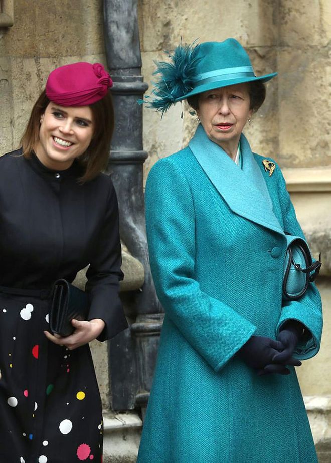 Princess Eugenie and Princess Anne arrive at St. George's Chapel at Windsor Castle for the royal family's Easter church service.

Photo: Getty
