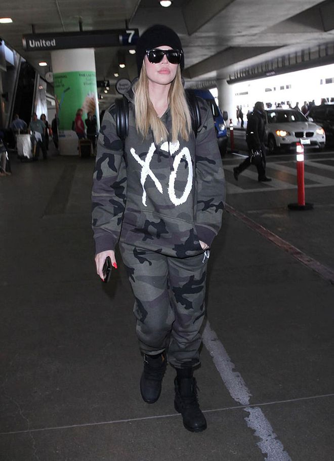 How can you do better than a full head-to-toe military inspired outfit? The black boots and beanie definitely sealed the look for Khloe Kardashian. Photo: Getty