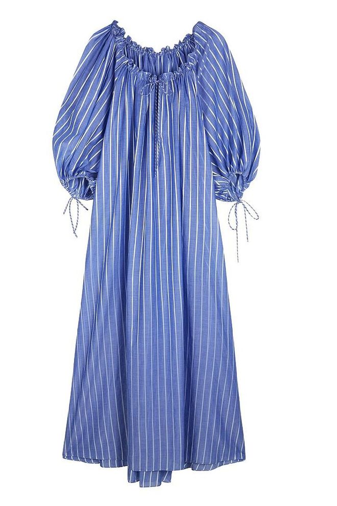 Slip Three Graces' loose stripped dress on over your bikini for a chic poolside look.