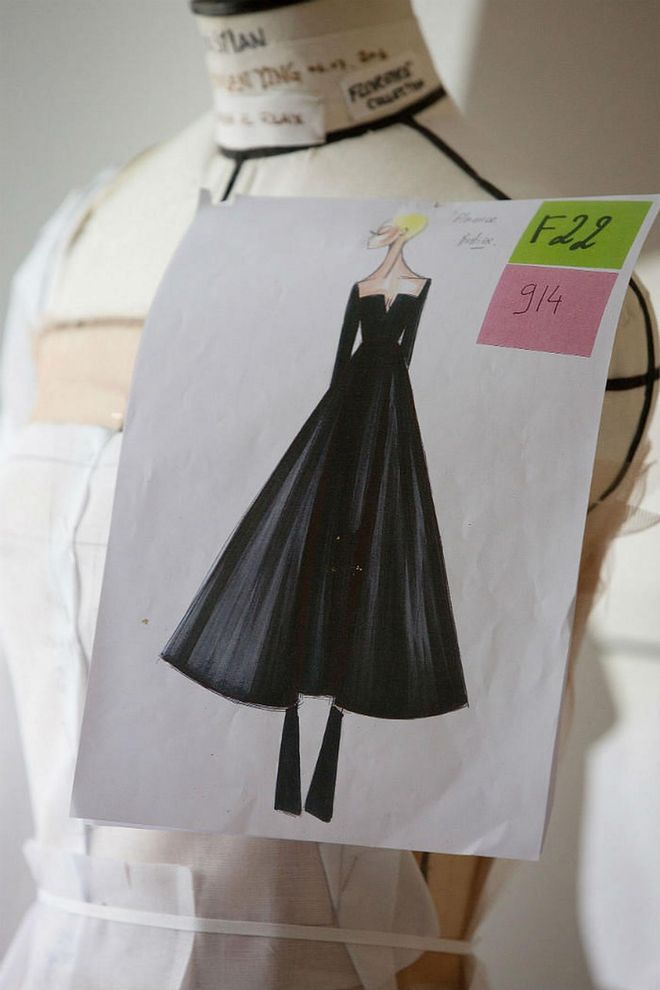 The final sketch of the gown shows the full skirt and square neckline of the dress in detail. Photo: Dior