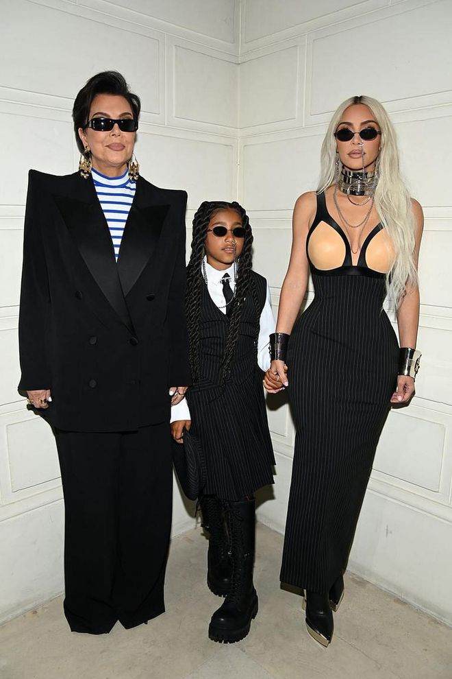 Kardashian matriarch Kris Jenner was also in attendance for the show, where she wore the designer's iconic nautical blue stripes under an oversized black blazer with pointed shoulders.