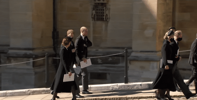 Kate Middleton, Prince Harry, and Prince William exiting St. George’s Chapel. (Photo: BBC YouTube)