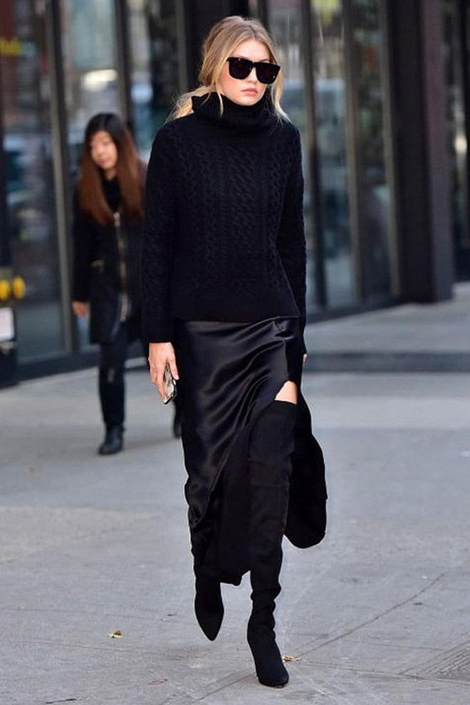 Hadid combines suede, silk and cashmere but sticks to all black. This girl knows how to dress chic.