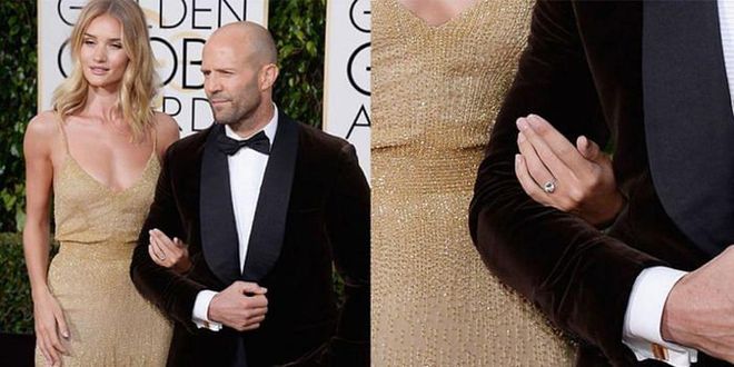 The actress donned her brilliant round engagement ring while attending the Golden Globes with fiancé Jason Statham.