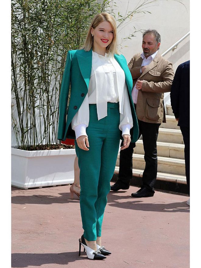 8 May: Lea Seydoux wore a green suit by Saint Laurent for the occasion.

Photo: Getty