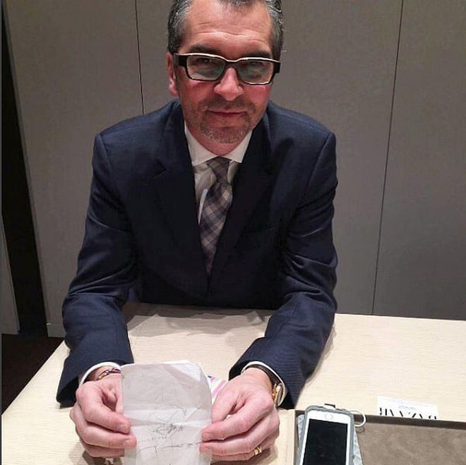 La Montre Hermès' creative director with the original sketch of the Slim d'Hermès L'Heure Impatiente, drawn here in Baselworld, together with Jean-Marc Wiederrecht, exactly 5 years ago