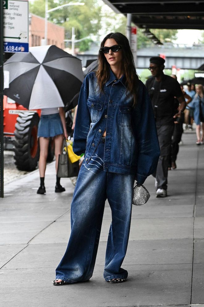 NEW YORK, NEW YORK - SEPTEMBER 11: Model Vittoria Ceretti is seen wearing a denim jacket and denim jeans outside the Khaite show during New York Fashion Week S/S 2023 on September 11, 2022 in New York City. (Photo by Daniel Zuchnik/Getty Images)