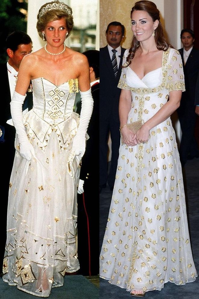 Diana in a dress by the Emanuels at a dinner at the German Embassy in London in 1986; Kate at an official dinner hosted by Malaysia's Head of State in Kuala Lumpur during the Diamond Jubilee Tour in September 2012.