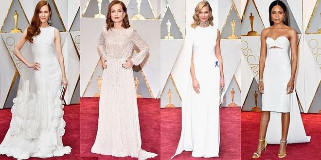 White was a clear favourite at the Oscars this year, but the dresses were far from traditional bridal. Stars put on a modern spin on the wedding-day hue with sleek silhouettes and unexpected details. Left to right: Darby Stanchfield in Georges Chakra, Isabelle Huppert in Armani Prive, Karlie Kloss in Stella McCartney, Naomie Harris in Calvin Klein. 
