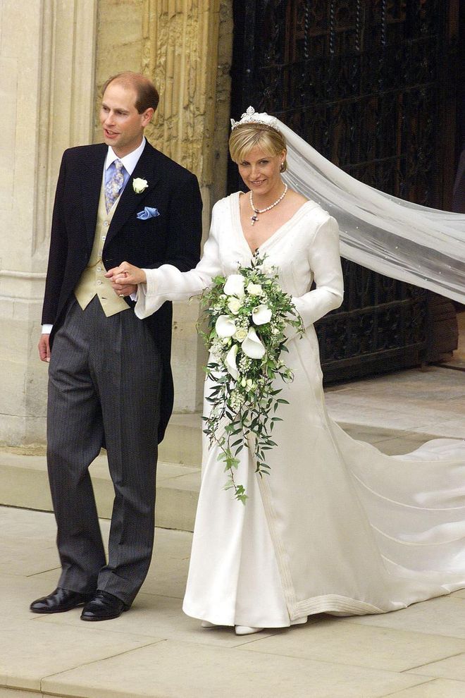 On her wedding day, Sophie wore a classic v-neck gown by Samantha Shaw.
Photo: Getty