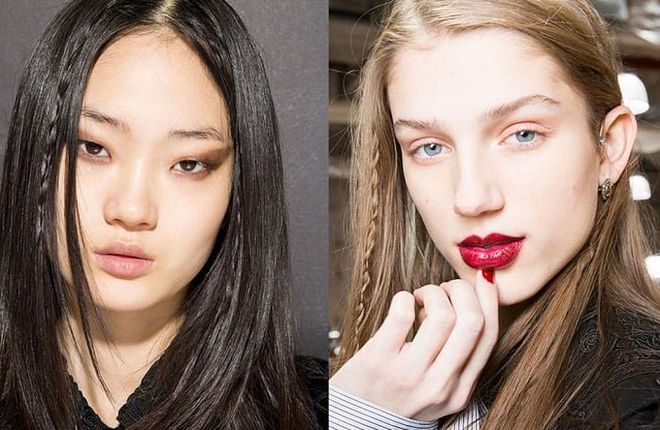 Hazy shadow liners and red lacquered lips are the statement looks of choice at Jill Stuart.  All other colour on the rest of the face is blanked out. Hair is kept straight and silky. Braids are added here and there for pizzazz. Photo: Getty 