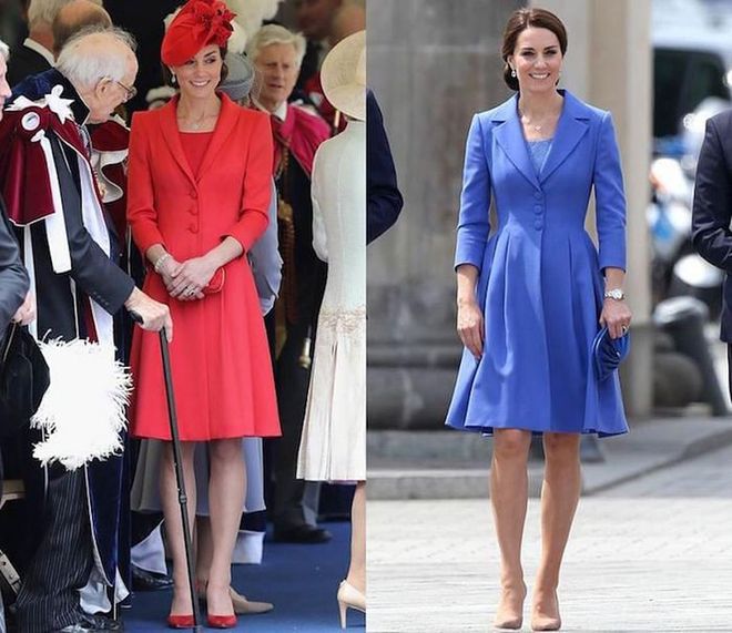 For a recent appearance during her tour of Poland and Germany, Kate wore this blue Catherine Walker coat-dress, which she also owns in red (albeit with slightly different lapels). Kate even wore the same style of shoe for both occasions — the Gianvito Rossi "Gianvito" pumps, on the left in "claret" and on the right in "praline." Photo: Getty 