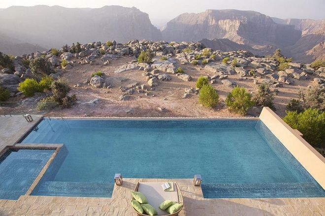 If you fall for this view, don’t fall forward—the crown jewel of the highest five-star resort in the Middle East, the Royal Mountain Villa, perches 2,000 meters above sea level. Just beyond the villa’s private pool, a rocky precipice frames sweeping views of a canyon whose slopes bloom with Damask roses throughout April and May. Photo: Al Jabal Al Akhdar Resort