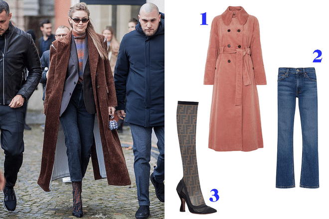 Another fall staple: boots. This season, instead of buying your classic brown leather knee-high boot, spice it up with a logo boot. This subtle hint at the Fendi logo makes Gigi Hadid's look. Wear them with a cropped jean so the logo becomes a fun "peek-a-boo" moment, then layer on a long corduroy coat.

Shop similar pieces: 1. Alexa Chung corduroy trench coat,$1,265; 2. Re/Done cropped denim, $240; 3. Fendi logo boot, $870.
Photo: Fendi