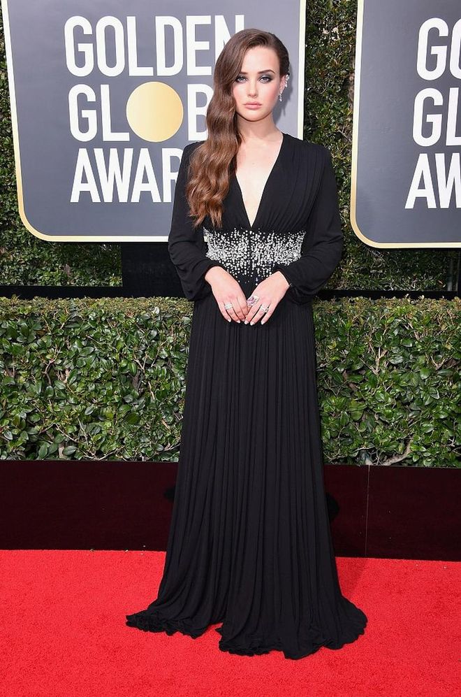 BEVERLY HILLS, CA - JANUARY 07:  Actor Katherine Langford attends The 75th Annual Golden Globe Awards at The Beverly Hilton Hotel on January 7, 2018 in Beverly Hills, California.  (Photo by George Pimentel/WireImage)