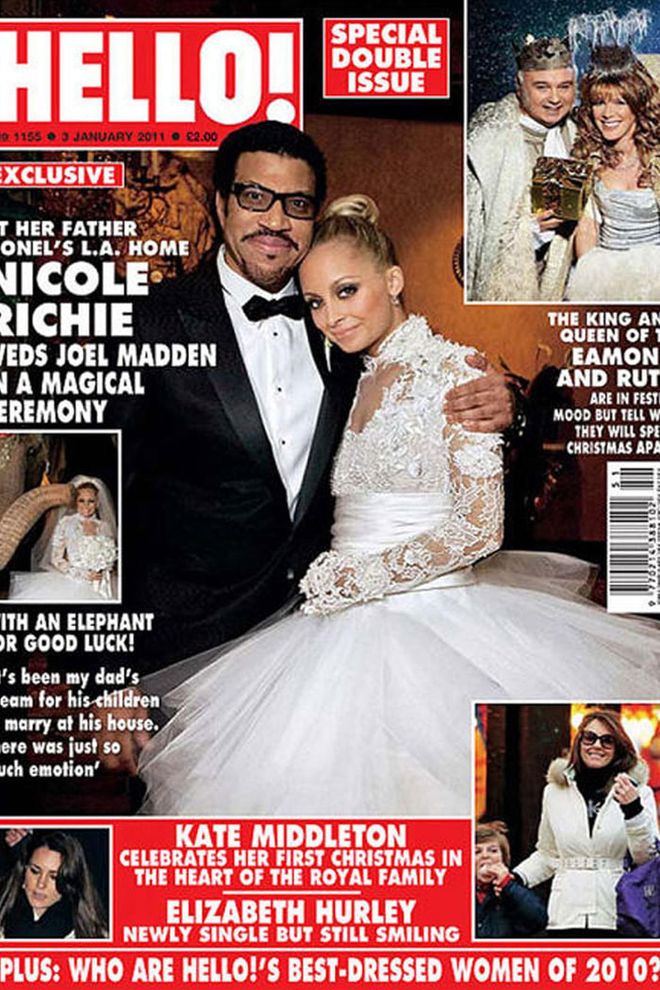 For Nicole Richie's wedding to Joel Madden on December 11, 2010, Richie rocked a breathtaking $20,000 Marchesa gown. It featured 100 yards of silk organza tulle, a high neck cut and a fitted bodice with delicate floral lace details.