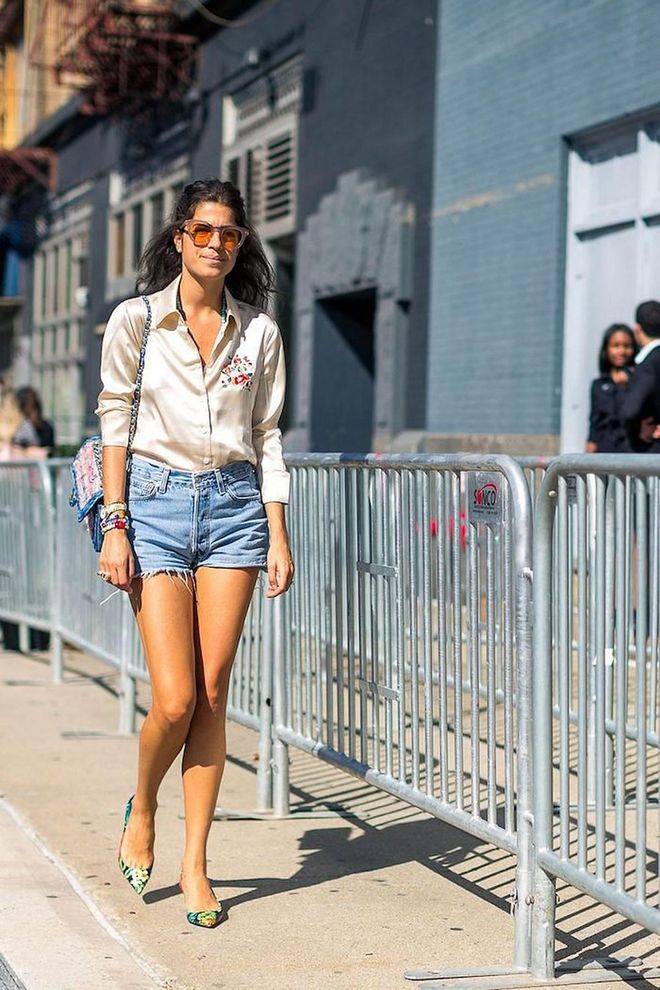 A silky button-down balances out a pair of short shorts on a hot day.

Photo: Diego Zuko