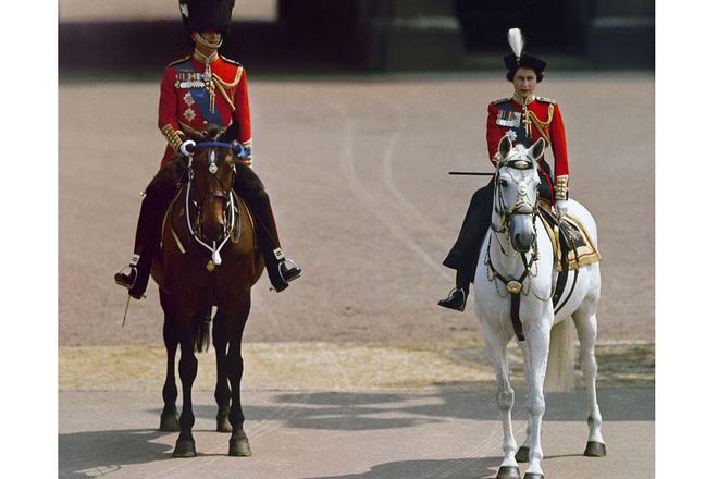 Queen Elizabeth and Prince Philip at the Trooping the Colour ceremony in London, circa 1960.