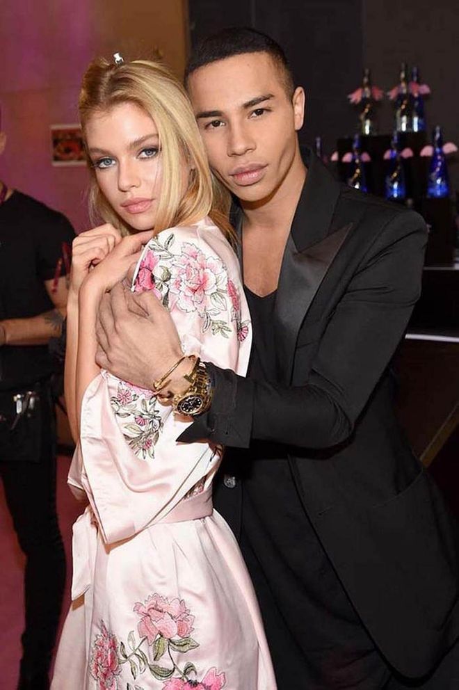 Stella Maxwell and Olivier Rousteing backstage at the 2017 Victoria's Secret Fashion Show.