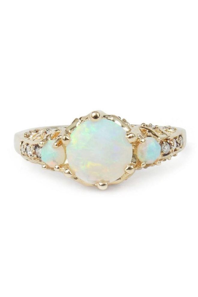 "Ceremonial" ring with 18kt gold, opals, and white diamond pave, $3,800, catbirdnyc.com
