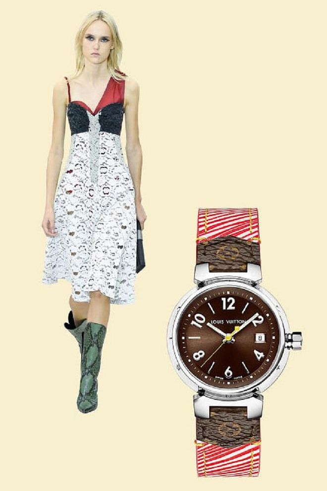 Nicolas Ghesquière's signature mixed media marked the stunning Louis Vuitton collections this year, on both the models themselves and the watch collection it has since unveiled. Rich chocolate browns and unique patterns make these pieces collectible and totally fabulous. 

Tambour Brown Epi Denim Red 28, $2,500, louisvuitton.com