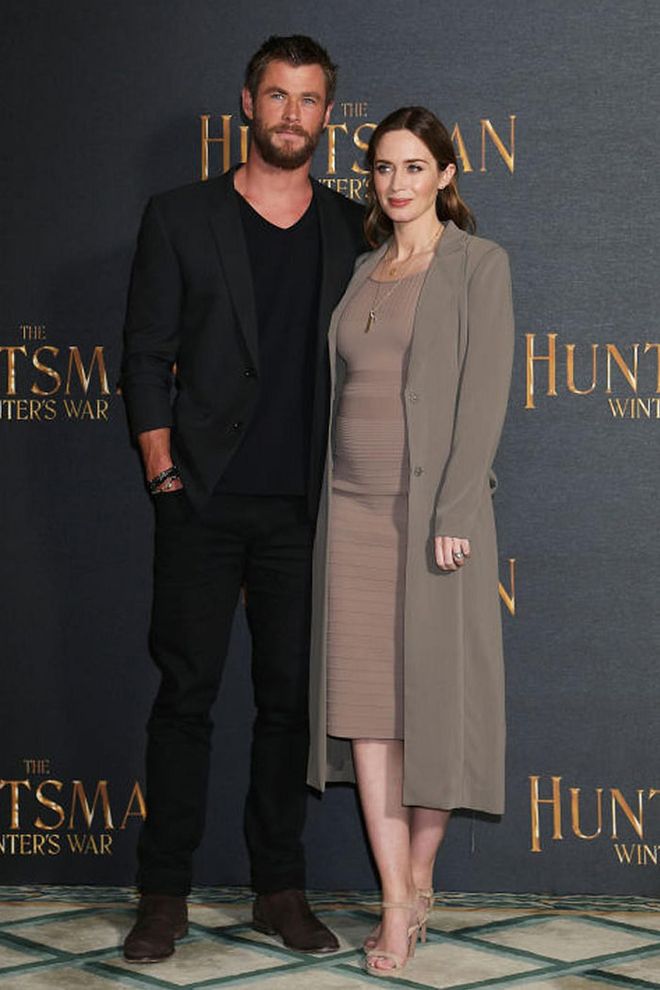 Providing perfect work-wear inspiration, Emily looked beautiful in a taupe dress and coat for a The Huntsman: Winter's War photo call. Photo: Getty