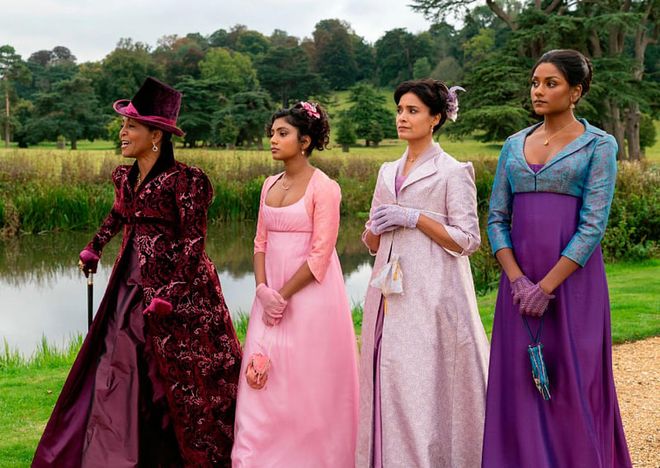 From left to right: Adjoa Andoh as Lady Danbury, Charithra Chandran as Edwina Sharma, Shelley Conn as Mary Sharma, Simone Ashley as Kate Sharma. (Photo: Netflix)