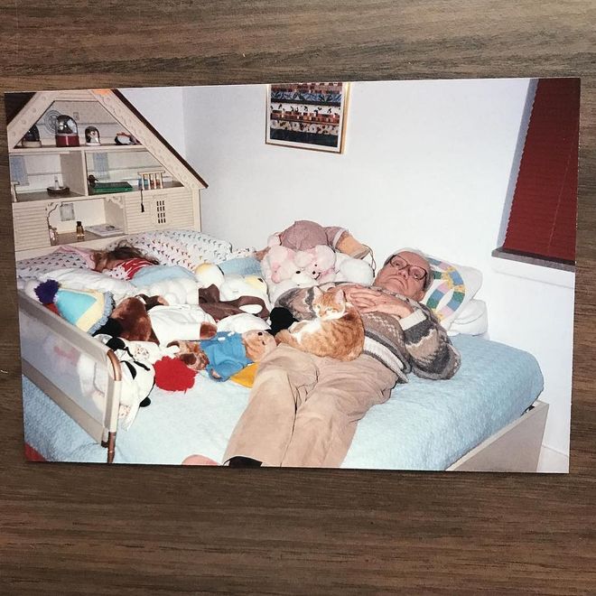 "My grandpa was my dad for all intents and purposes. Here he is- guarding over me as I sleep, kitten on tummy, arm resting on a pile of stuffed animals. He would do silly voices, sneak me candy, pretend to be asleep when we were annoying him & generally be the best. He held your hand so tightly that we called it, "the claw." I think a lot of grandpas & family members fill in the gaps for biological dads who are ill-equipped or unable to parent well. I'm so grateful that Papa made it to 95 but, boy, do I wish he was still here with us today." Photo: gillianjacobs