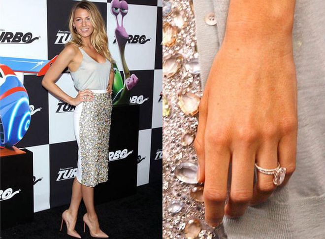Ryan Reynolds created a custom ring with Lorraine Schwartz for bride Blake—the oval diamond is light pink and sits on a rose gold band of pavé diamonds.

