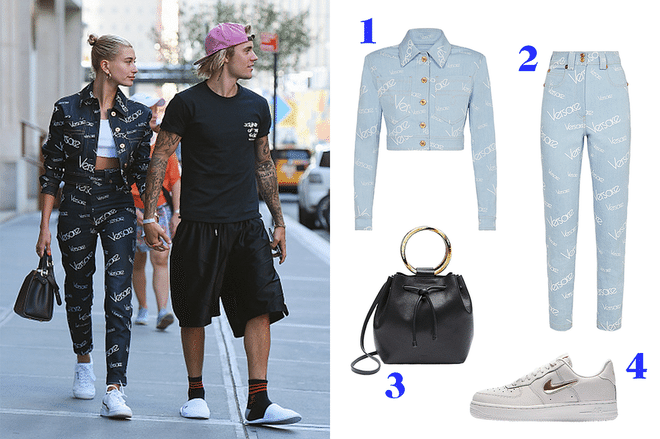Hailey Baldwin's ensemble is the ideal outfit for the logo-obsessed girl. Why pick one emblazoned item when you can wear Versace head-to-toe? OK, maybe not everything needs a logo; style it down with a casual sneaker and chic baby bag and you've nailed the Hailey lewk.

Shop similar pieces: 1. Versace jacket, $1,350; 2. Versace jean, $1,250. 3.Theory drawstring bag, $355; 4. Nike sneaker, $130.
Photo: Getty