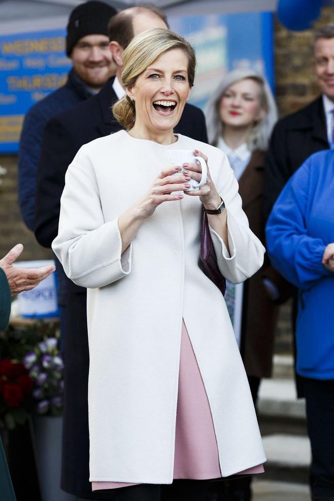The British royal women love a good structured coat. Here is Sophie in an oatmeal-colored style on her 50th birthday at a charity event.
Photo: Getty