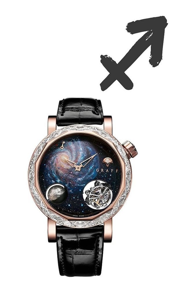 Optimistic and philosophical, fire sign Sagittarius loves to travel, and the MasterGraff GyroGraff will inspire wanderlust with its mesmerizing spinning 3D moon phases and half sphere, double-axis tourbillon (complex mechanics that helps improve accuracy), and galaxy depicted in high-fire enamel. <b>Graff MasterGraff GyroGraff Galaxy 48mm, price upon request</b>