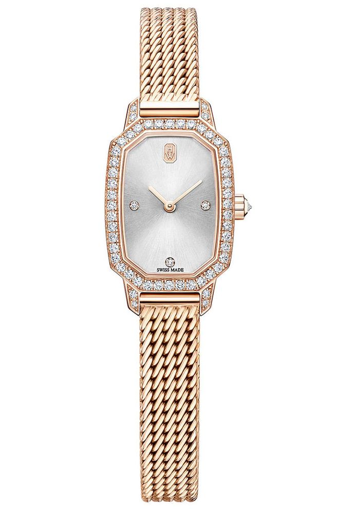 Harry Winston Emerald Timepiece set in 18k Rose Gold, price upon request, harrywinston.com.
