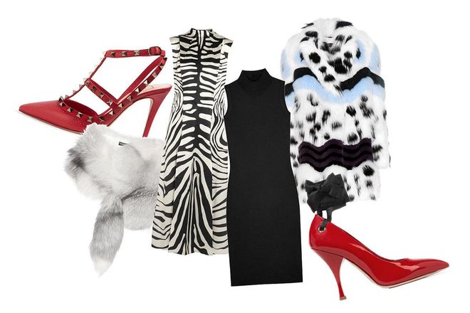 Left to right: textured-leather pumps, $1252, Valentino at Net a Porter; fur stole, $4039, Dolce & Gabbana at MyTheresa; printed silk satin dress, $517, Topshop Unique at Net a Porter; jersey turtleneck dress, $460, Rick Owens at Net a Porter; printed fur coat, $35860, Fendi at MyTheresa; satin-trimmed patent leather pumps, $1443, Miu Miu at Net a Porter.