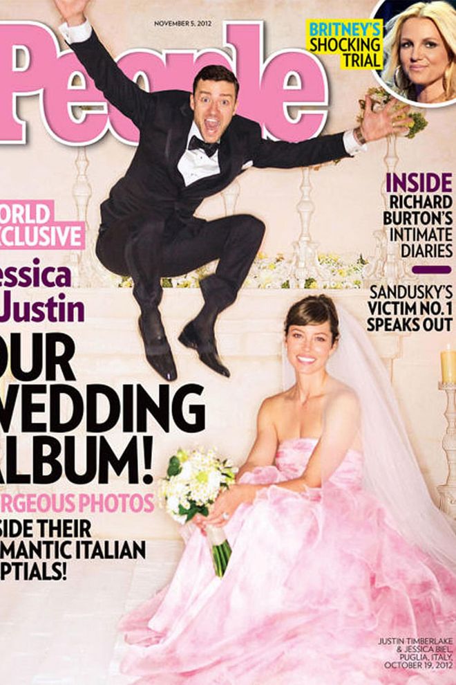 One of the most unconventional gowns on this list, actress Jessica Biel's bold pink wedding dress looked so pretty for her October 19, 2012, wedding to singer Justin Timberlake. And the color isn't the only exceptional detail: The gown was reportedly priced at an eye-popping $100,000.