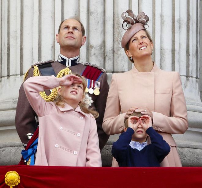Prince Edward's children, Lady Louise Windsor and James, Viscount Severn watch the flyover from the Buckingham Palace balcony with their parents during Trooping the Colour, Queen Elizabeth's annual birthday celebration.
Photo: Getty 