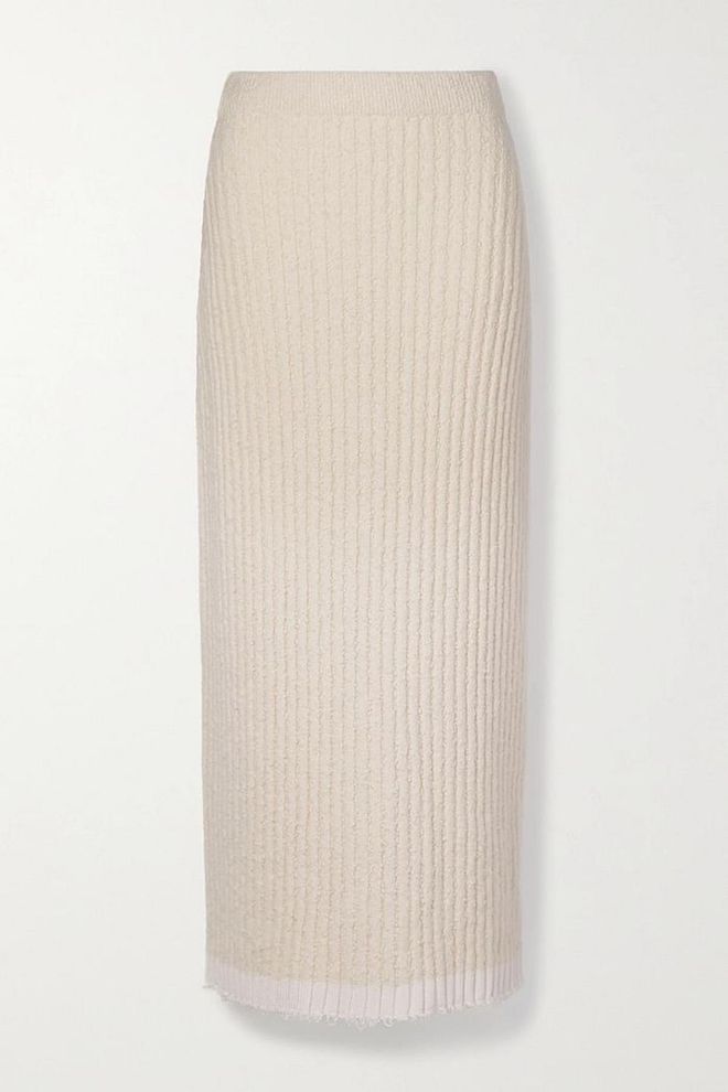 Damaris Ribbed Cotton-Blend Bouclé-Knit Midi Skirt, $2,400, The Row at Net-a-Porter
