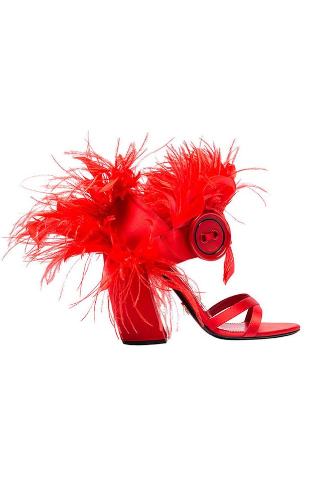 There's a lot to love about Prada's satin sandals, from the feathers and glass button to the banana heel. They also come in black for those who prefer their feathers in more understated shades, but make no mistake - feathers are key for the new season.
Feather sandals, £735, Prada.