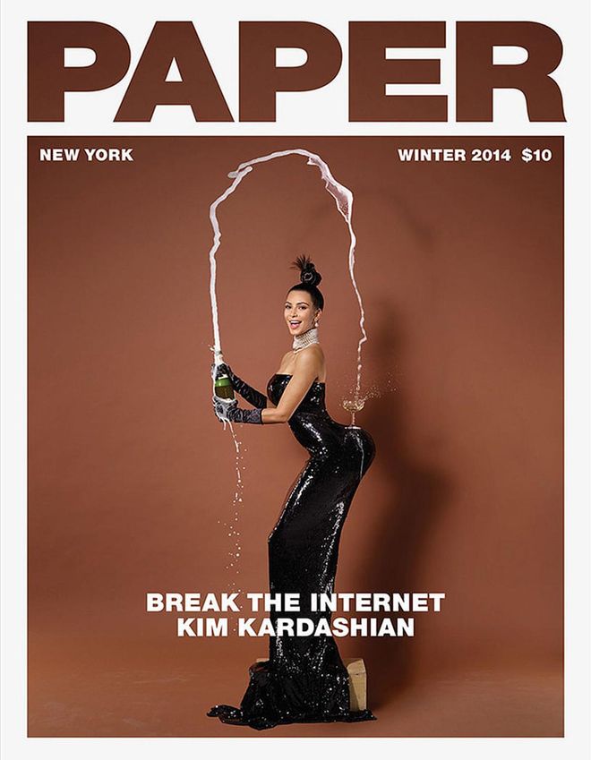 When Kim Kardashian broke the internet with her Paper magazine cover shot by Jean-Paul Goude in 2014, she wore a glittering black strapless dress that was custom-made for the shoot. The cover image above is a reference to another one of Goude's famous photographs: Carolina Beaumont, New York, 1976. Many saw racism in the inspiration image, but it wasn't enough to subdue the positive hysteria that resulted from the shoot, which featured Kim in various stages of undress. According to the magazine's editorial director Mickey Boardman, "It was her idea to take off her clothes and show more than her butt. We didn't say, 'Let's do a cover with your butt hanging out.' She said she was willing to take her clothes off, and one thing led to another ... history in the making."