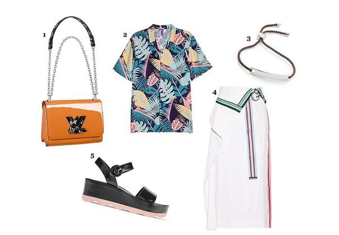 1. Bag, Louis Vuitton 2. Shirt, H&amp;M 3. Bracelet, Monica Vinader 4. Skirt, Diane von Furstenberg 5. Sandal, Prada