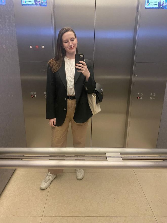 Then, wearing the sneakers to BAZAAR HQ with an Everlane blazer, Sézane top, Emme Parsons belt, and Mara Hoffman chinos.
Photo: HALIE LESAVAGE